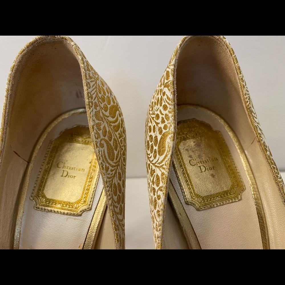 Christian Dior open toe pumps heels fabric leather gold 39.5 - Picture 6 of 14